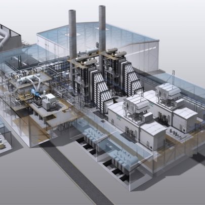 In der polnischen Stadt Gorzów Wielkopolski im Westen Polens baut Siemens ein schlüsselfertiges Kraftwerk mit Fernwärmeauskopplung. Siemens liefert zwei Industriegasturbinen des Typs SGT-800, eine SST-400 Dampfturbine, drei 11 kV Generatoren sowie zwei Abhitzedampferzeuger. Das Bild zeigt die Architektur-Skizze des Gas- und Dampfturbinen(GuD)-Kraftwerks.

In the Polish city of Gorzów Wielkopolski in western Poland Siemens build a turnkey combined heat and power plant. The company will deliver two SGT-800 industrial gas turbines, one SST-400 steam turbine, three 11 kV generators and two heat recovery steam generators. The picture shows the architectural layout of such a combined heat and power plant.