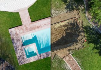 Aerial of Before and After Pool Build Construction Site.